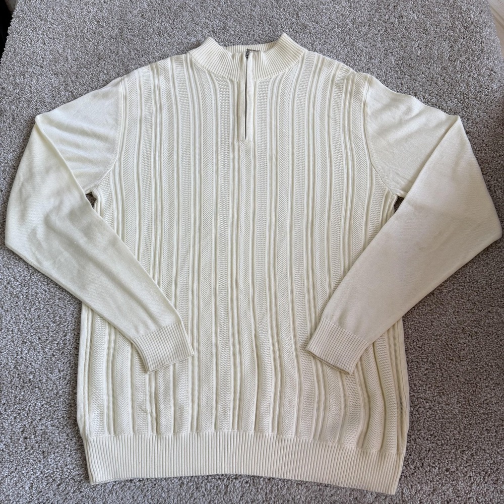 Steve Harvey Sweater Mens XL White Tight Knit 1/4 Zip Mock Neck Pullover Casual